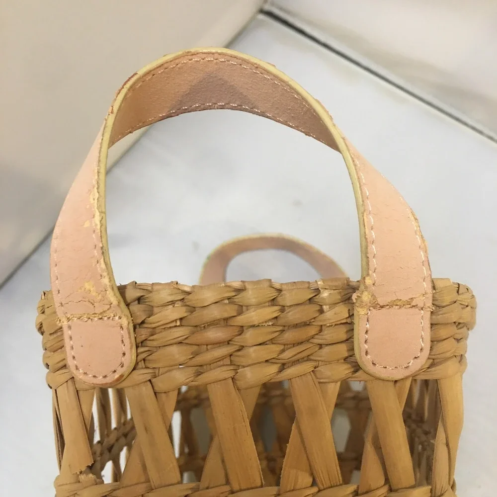 Woven Straw Basket Small Tan Faux Leather Handle Lattice Design Rectangle
